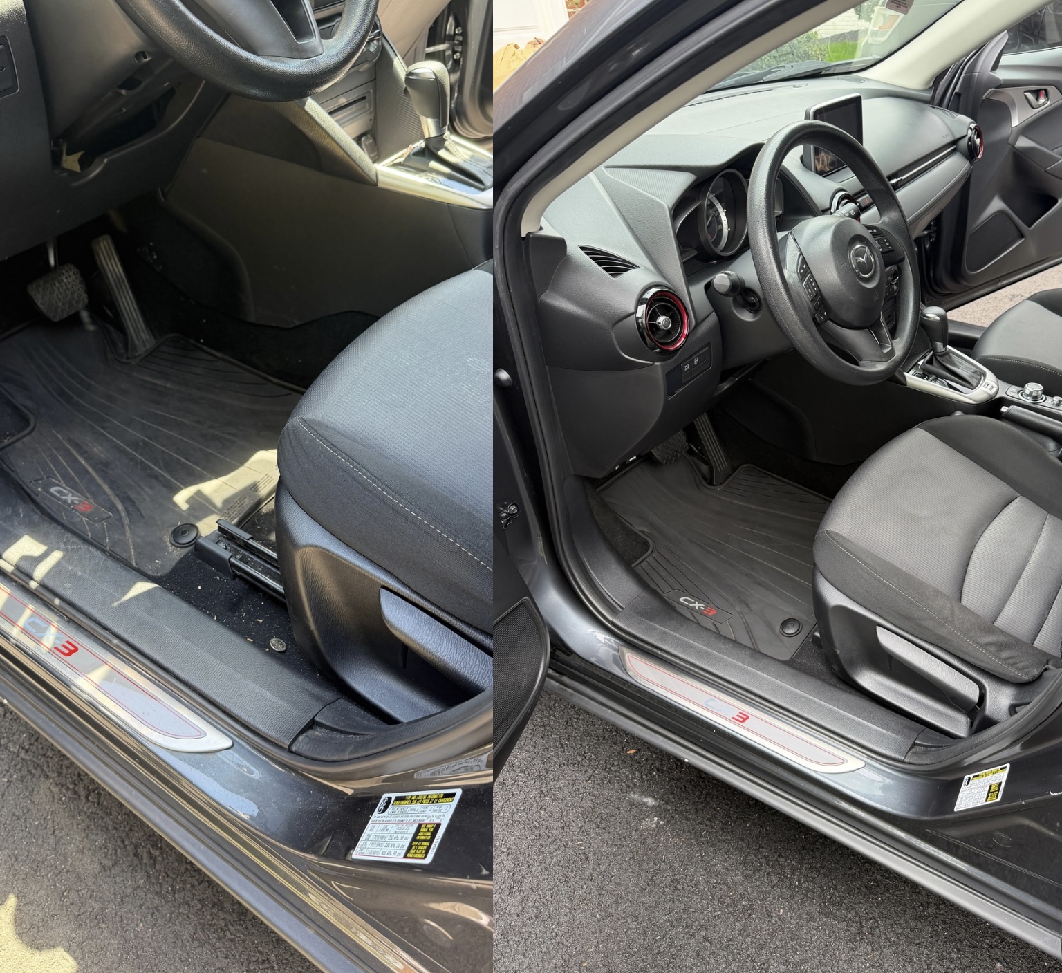 Before and after Mazda CX-3 interior floor detail comparison